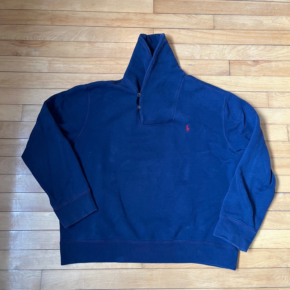 Polo Ralph Lauren Navy Blue Shawl Collar Button Sweatshirt XXL Red Pony Logo
